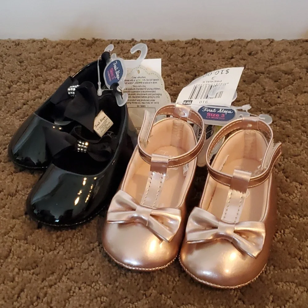 Baby Girls First Steps Dress Shoes Rose Gold Black Size 3 (6-9) 4 (9-12) mo NWT